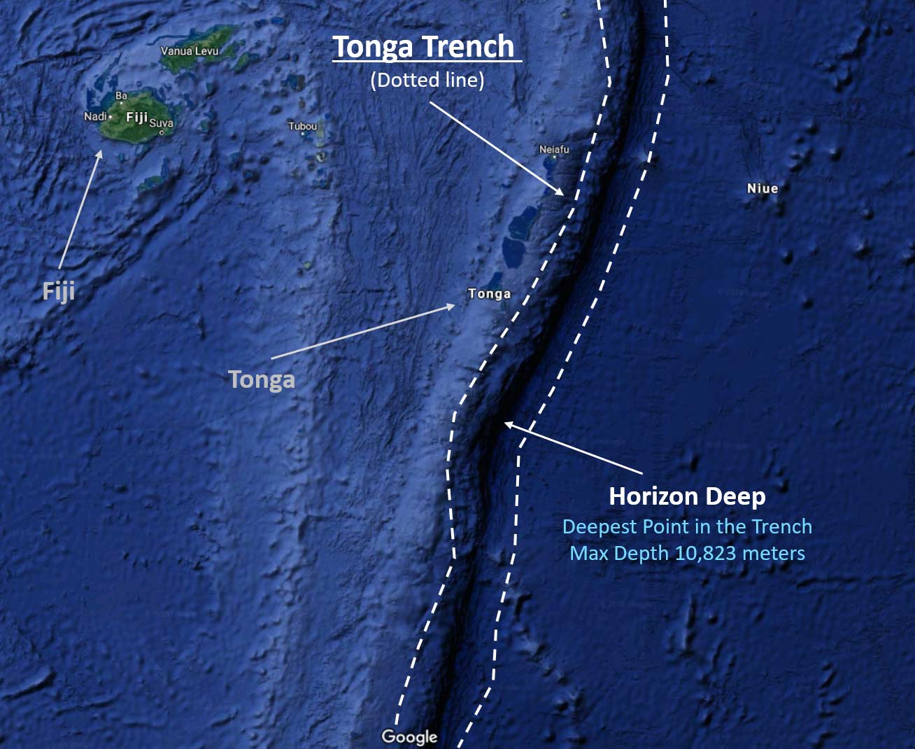 Five Deeps Expedition - Deepest point in Tonga Trench map 2019